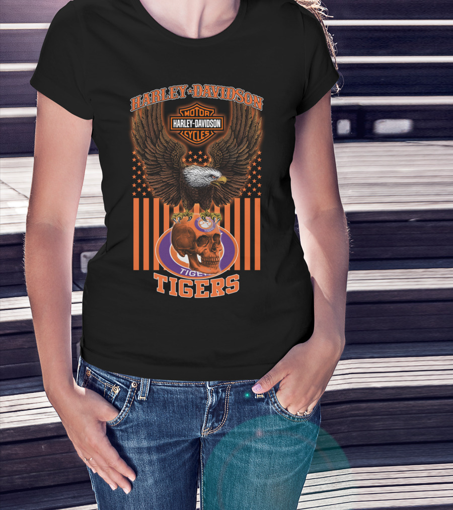 Harley Davidson Motor Cycles Eagle Clemson Tigers Skulls T-Shirt