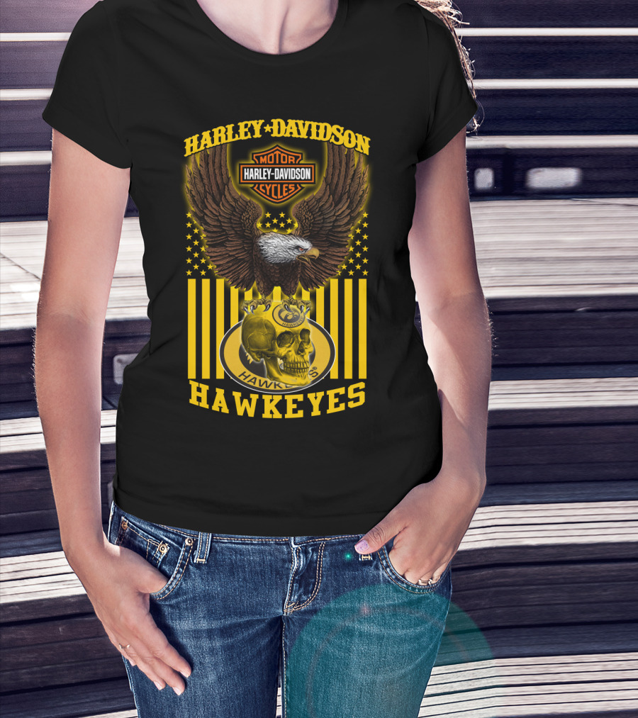 Harley Davidson Motor Cycles Hawkeyes Eagle And Skull T-Shirt