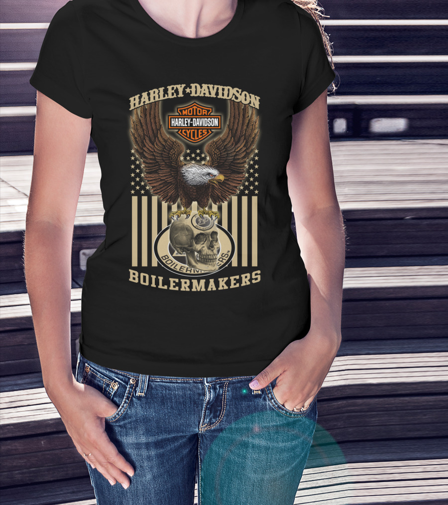 Harley Davidson Motor Cycles Boilermakers Eagle Skull Stars And Stripes T-Shirt
