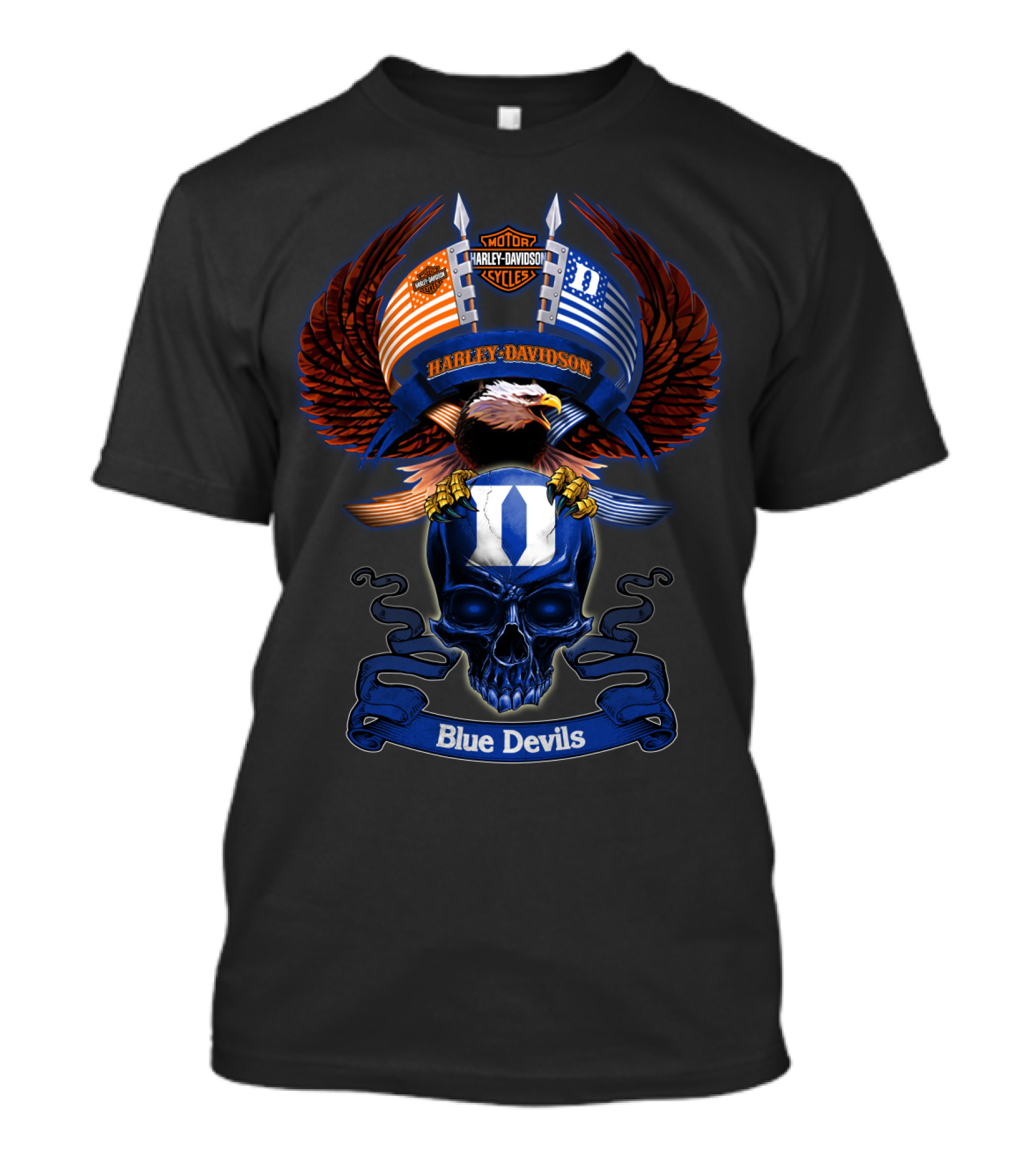 Harley Davidson Motor Cycles Eagle Skull Blue Devils T-Shirt