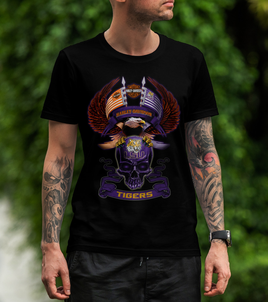 Harley Davidson Lsu Tigers Eagle And Skull Motorcycle Lifestyle T-Shirt