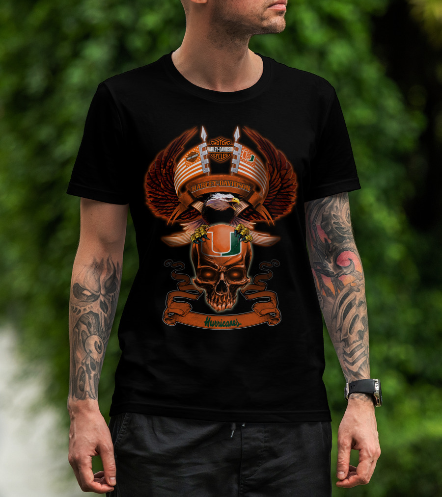Harley Davidson Motorcycles Miami Hurricanes Eagle Skull T-Shirt