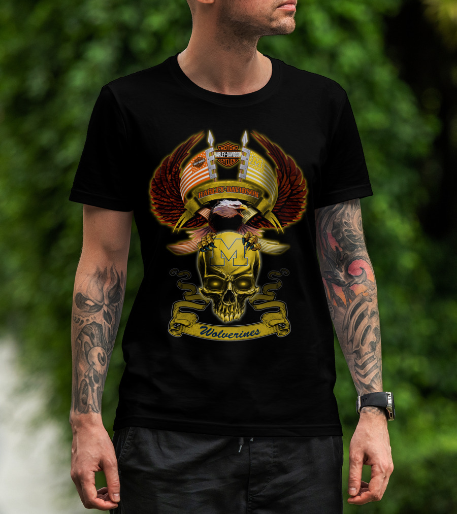Motorcycles Harley Davidson Michigan Wolverines M Skull Eagle Wings T-Shirt