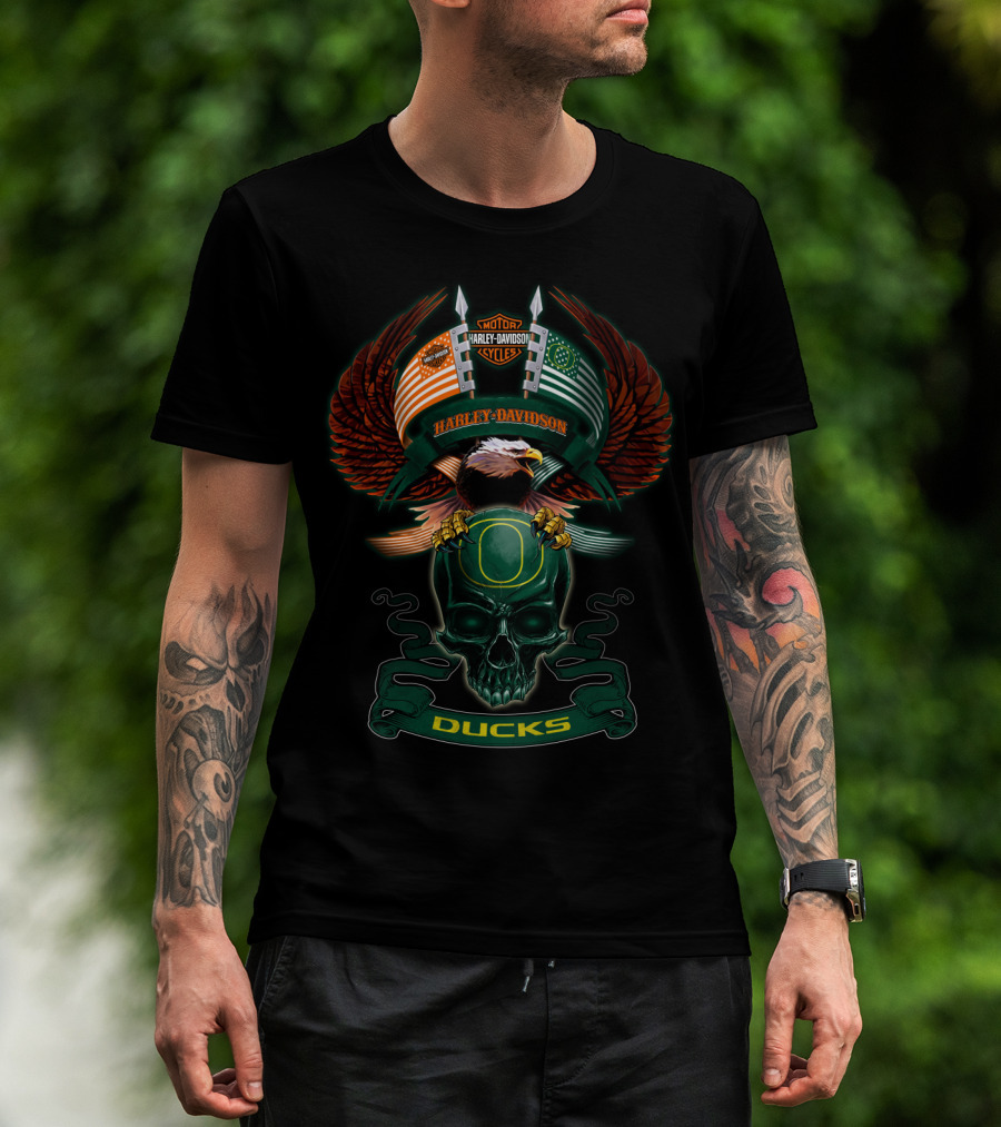Harley Davidson Motorcycles Oregon Ducks Eagle And Skull T-Shirt