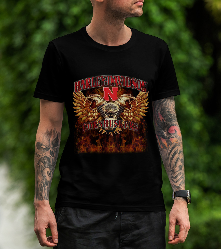 Harley Davidson Nebraska Cornhuskers N Logo With Wings And Flames T-Shirt