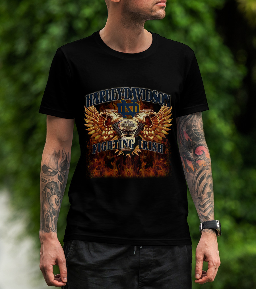 Harley Davidson Notre Dame Fighting Irish Motorcycles Flames Winged Skulls T-Shirt