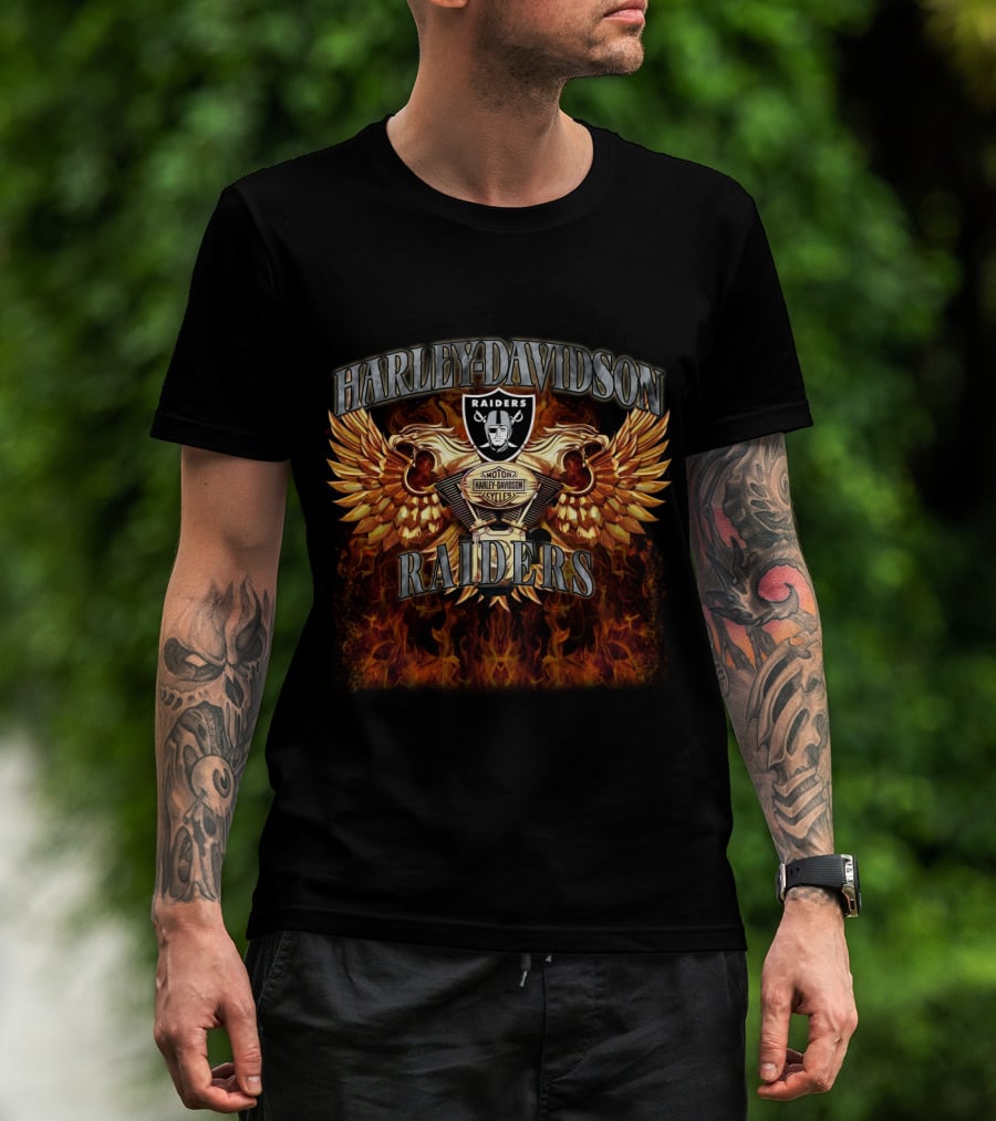 Harley Davidson Raiders Las Vegas Raiders Motorcycle Styles Flames Wings T-Shirt