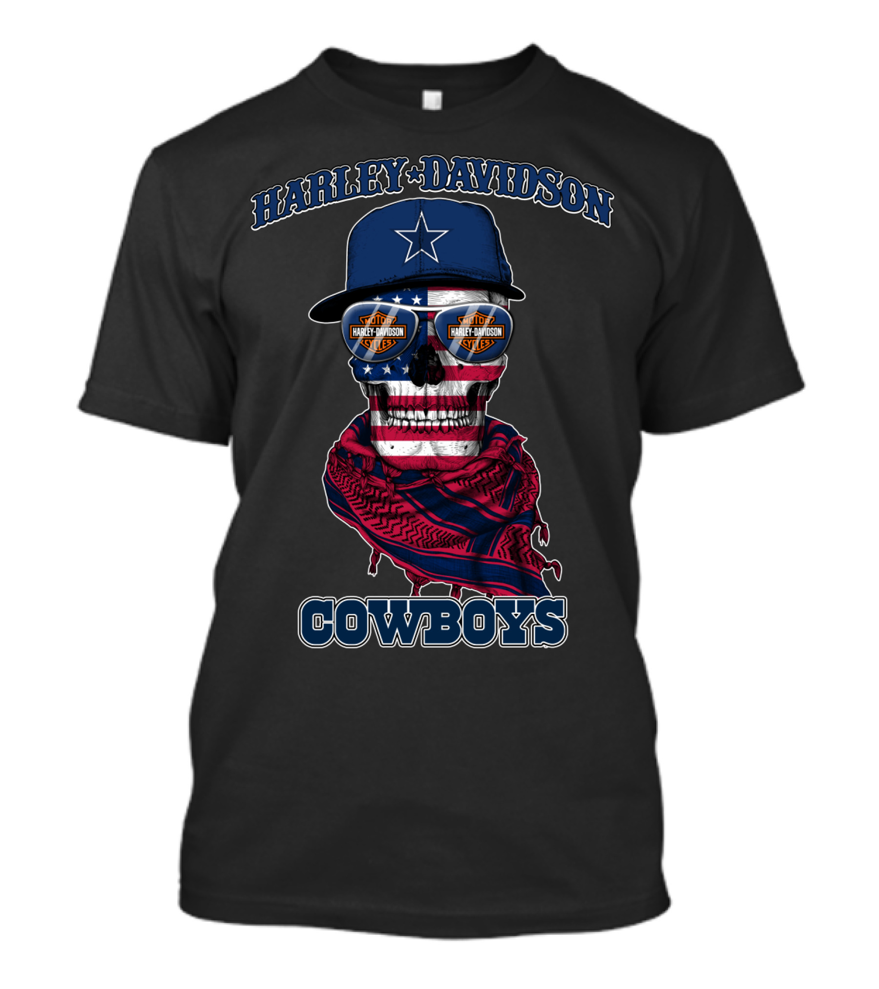 Harley Davidson Usa Cowboys Skull With Flag Bandana And Star Cap T-Shirt