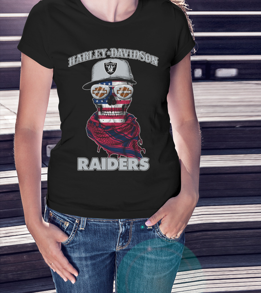 Harley Davidson Raiders Skull American Flag Bandana Nfl X Las Vegas Raiders T-Shirt