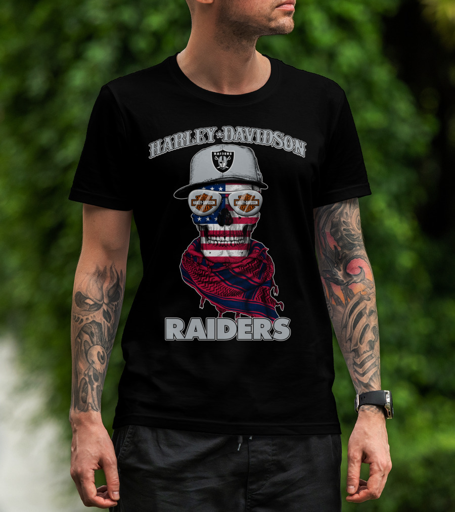 Harley Davidson Raiders Skull American Flag Bandana Nfl X Las Vegas Raiders T-Shirt