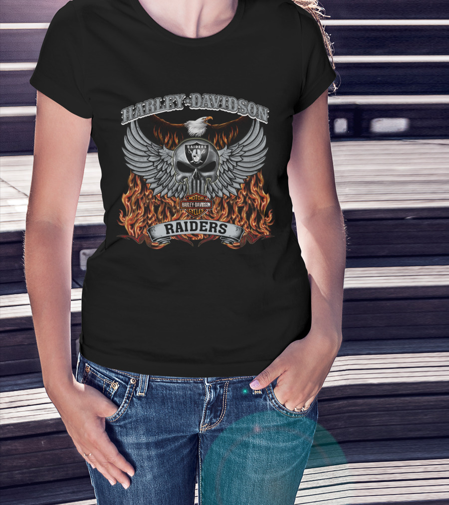 Harley Davidson Raiders Skull Wings Fire Las Vegas Raiders T-Shirt
