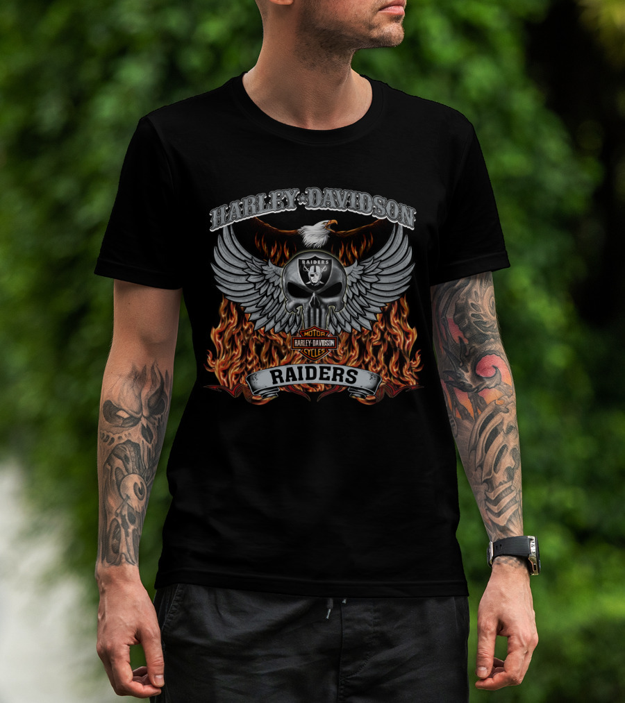 Harley Davidson Raiders Skull Wings Fire Las Vegas Raiders T-Shirt