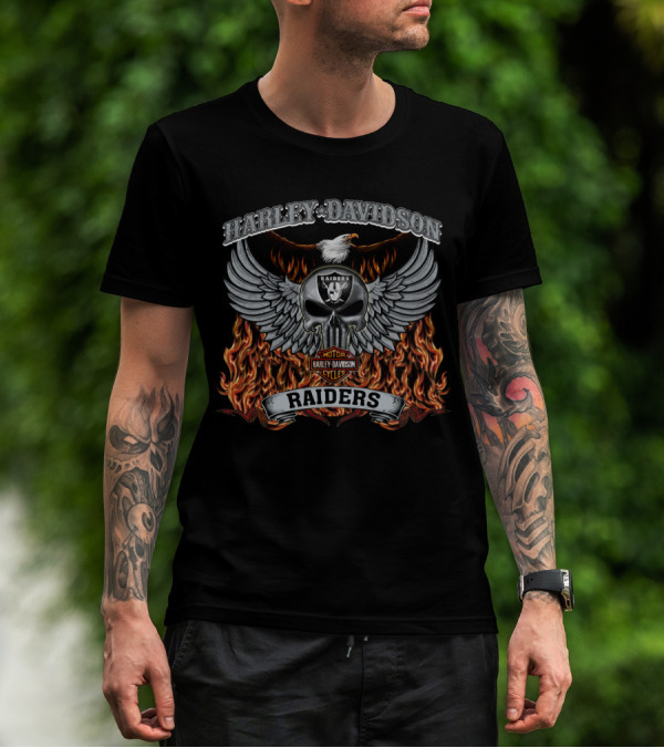 Harley Davidson Raiders Skull Wings Fire Las Vegas Raiders T-Shirt
