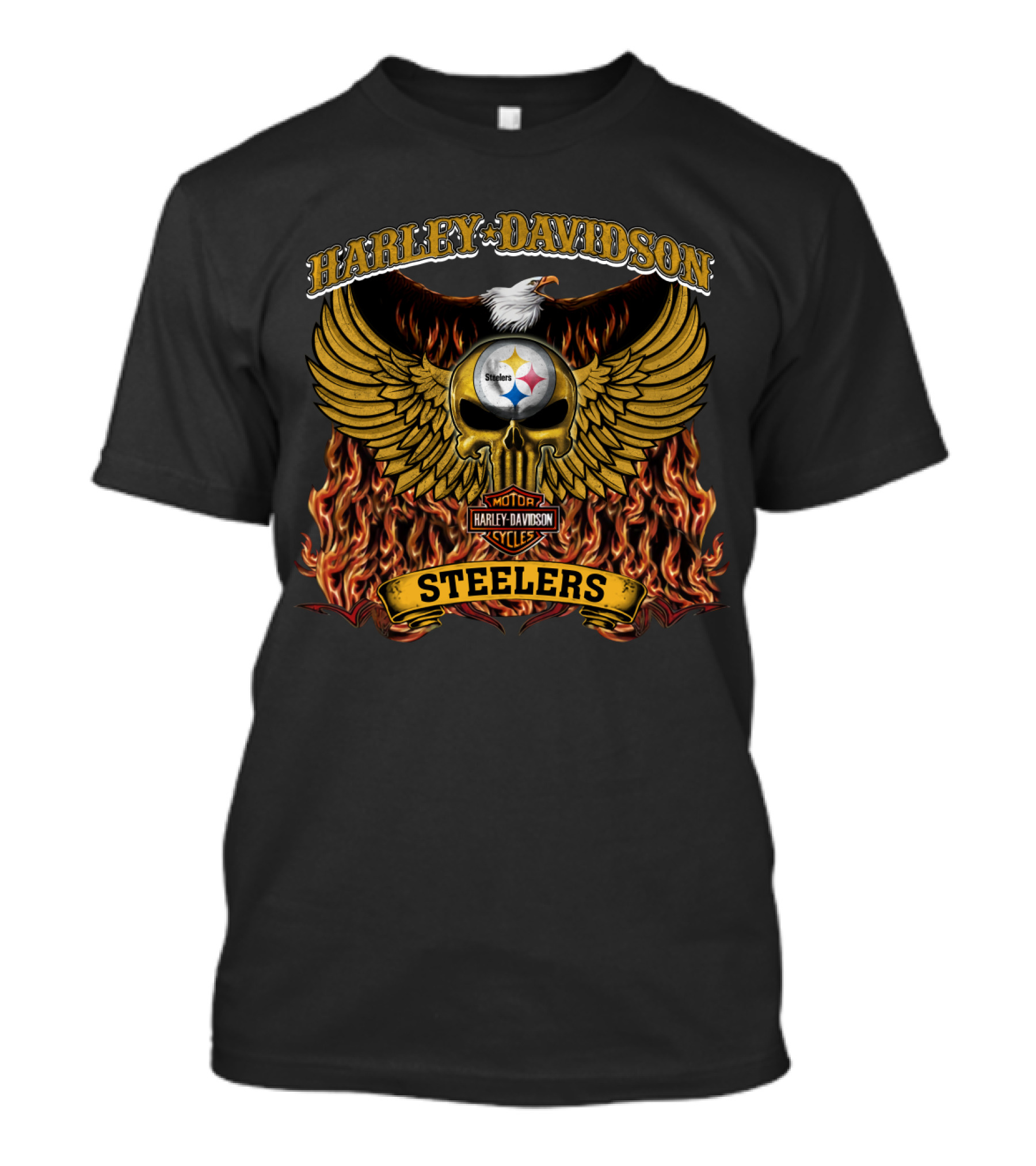 Harley Davidson Pittsburgh Steelers Winged Skull Flames T-Shirt