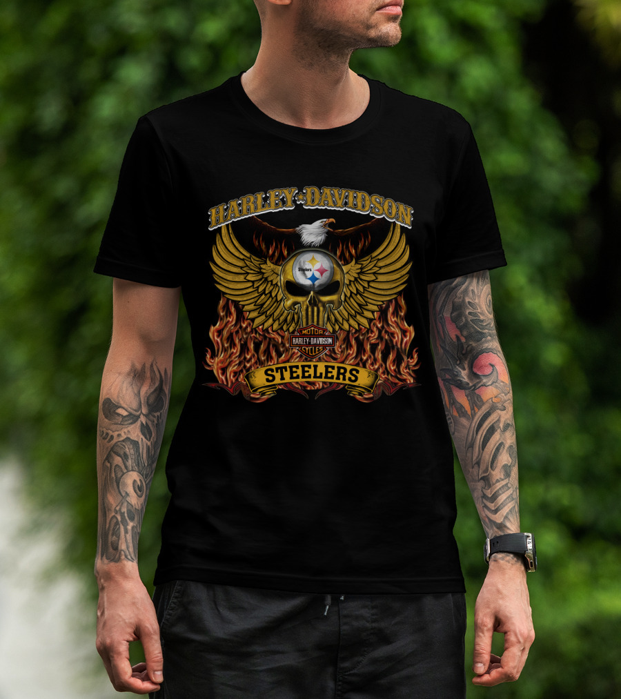 Harley Davidson Pittsburgh Steelers Winged Skull Flames T-Shirt