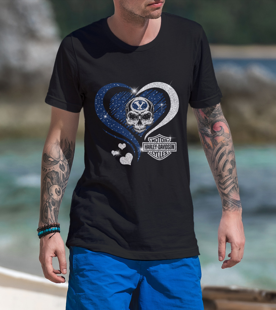 Ncaa Byu Cougars Skull Heart Harley Davidson Motor Cycles T-Shirt