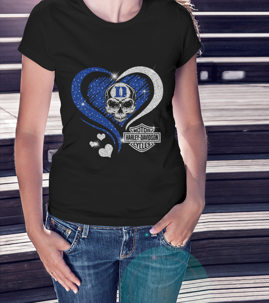 Duke Blue Devils Skull Heart Harley Davidson Motor Cycles Sparkle T-Shirt