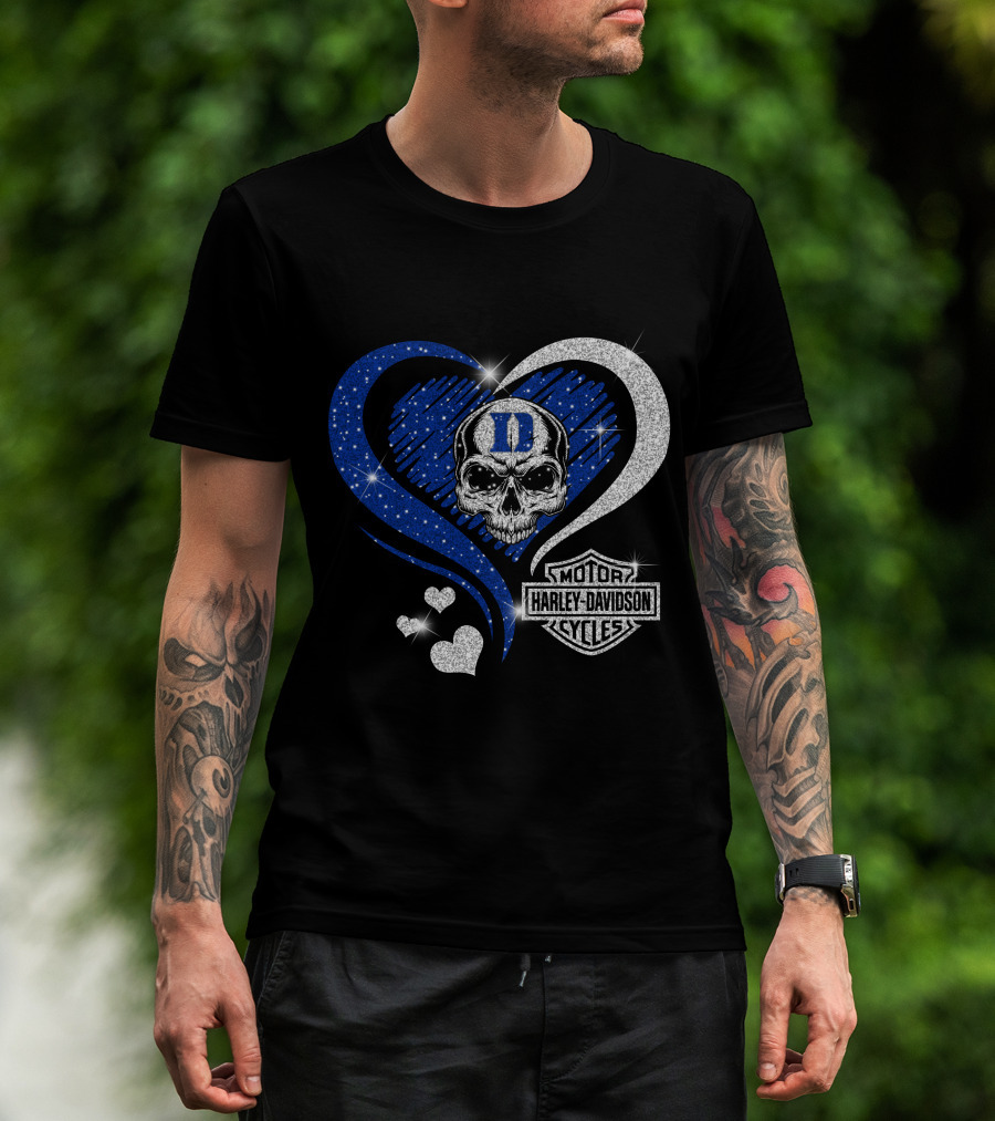 Duke Blue Devils Skull Heart Harley Davidson Motor Cycles Sparkle T-Shirt