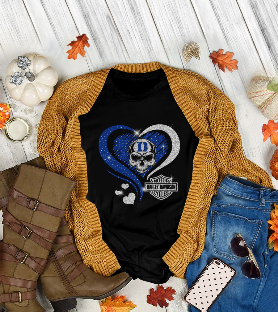 Duke Blue Devils Skull Heart Harley Davidson Motor Cycles Sparkle T-Shirt