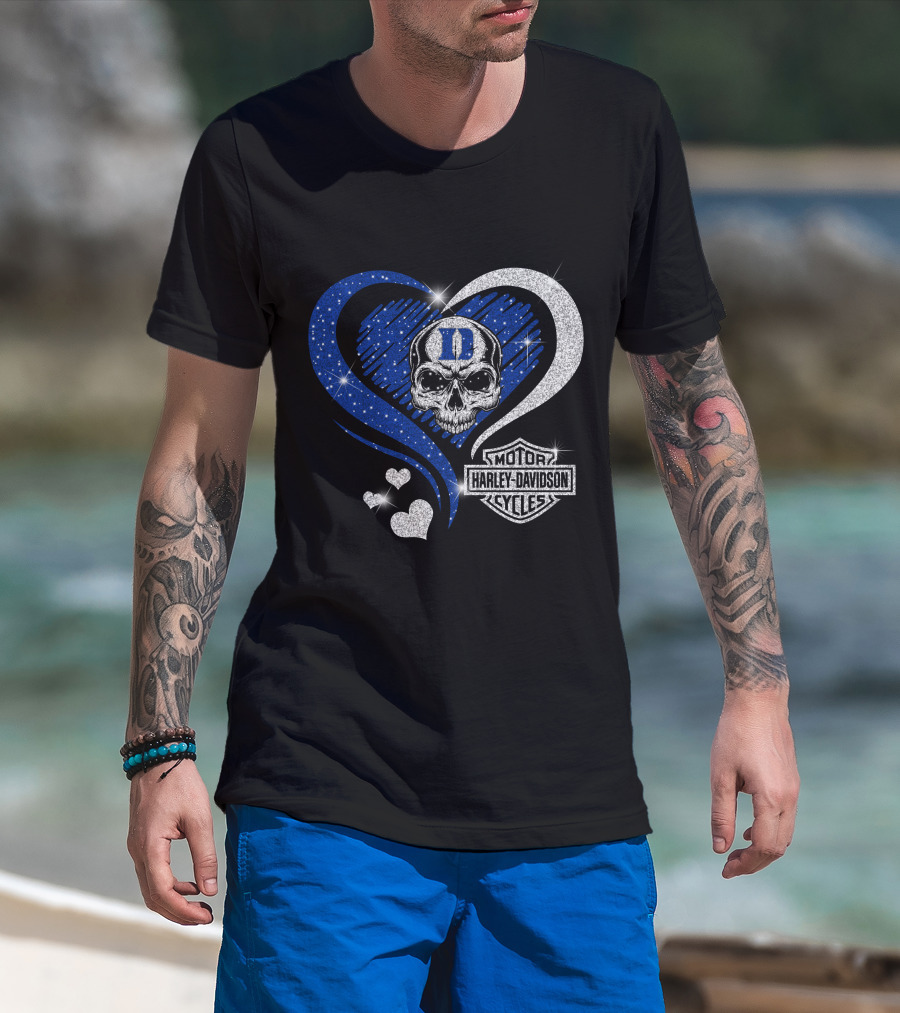 Duke Blue Devils Skull Heart Harley Davidson Motor Cycles Sparkle T-Shirt