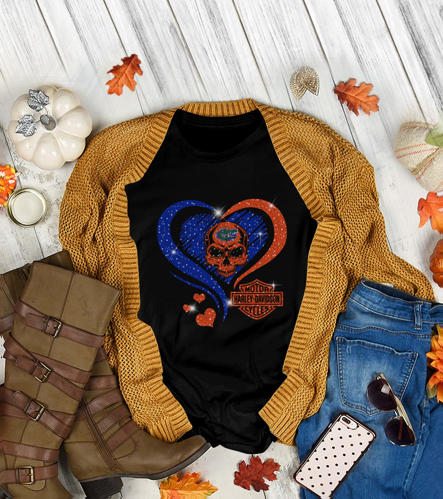 Ncaa Florida Gators Skull Heart Harley Davidson Motor Cycles T-Shirt
