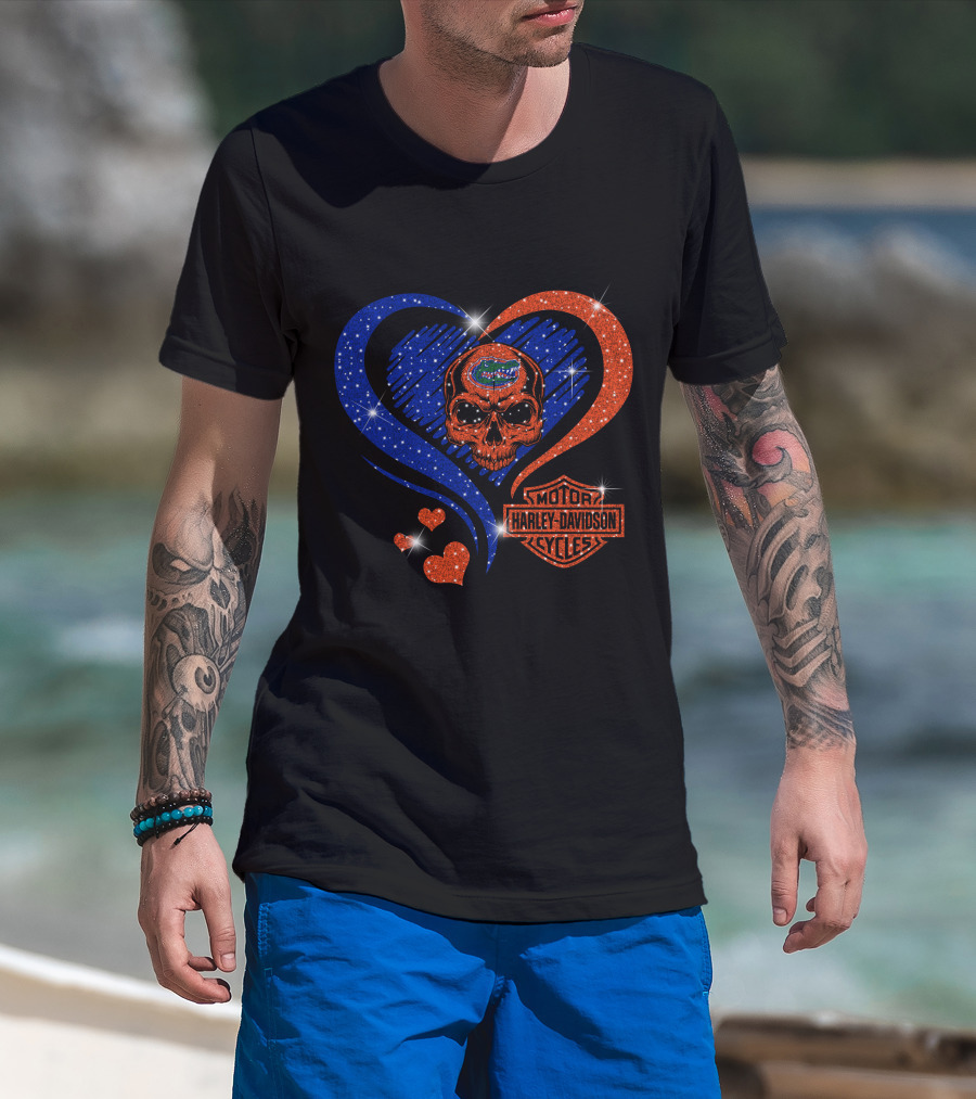Ncaa Florida Gators Skull Heart Harley Davidson Motor Cycles T-Shirt