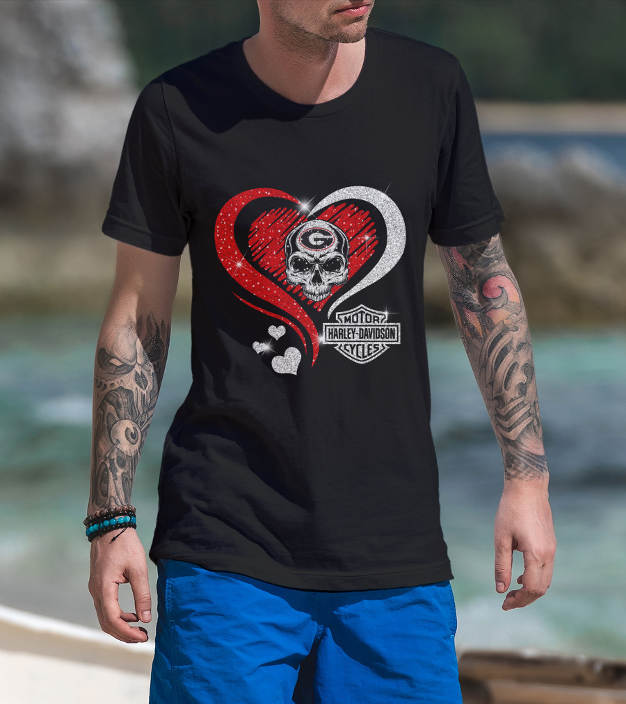Georgia Bulldogs Harley Davidson Skull Heart T-Shirt