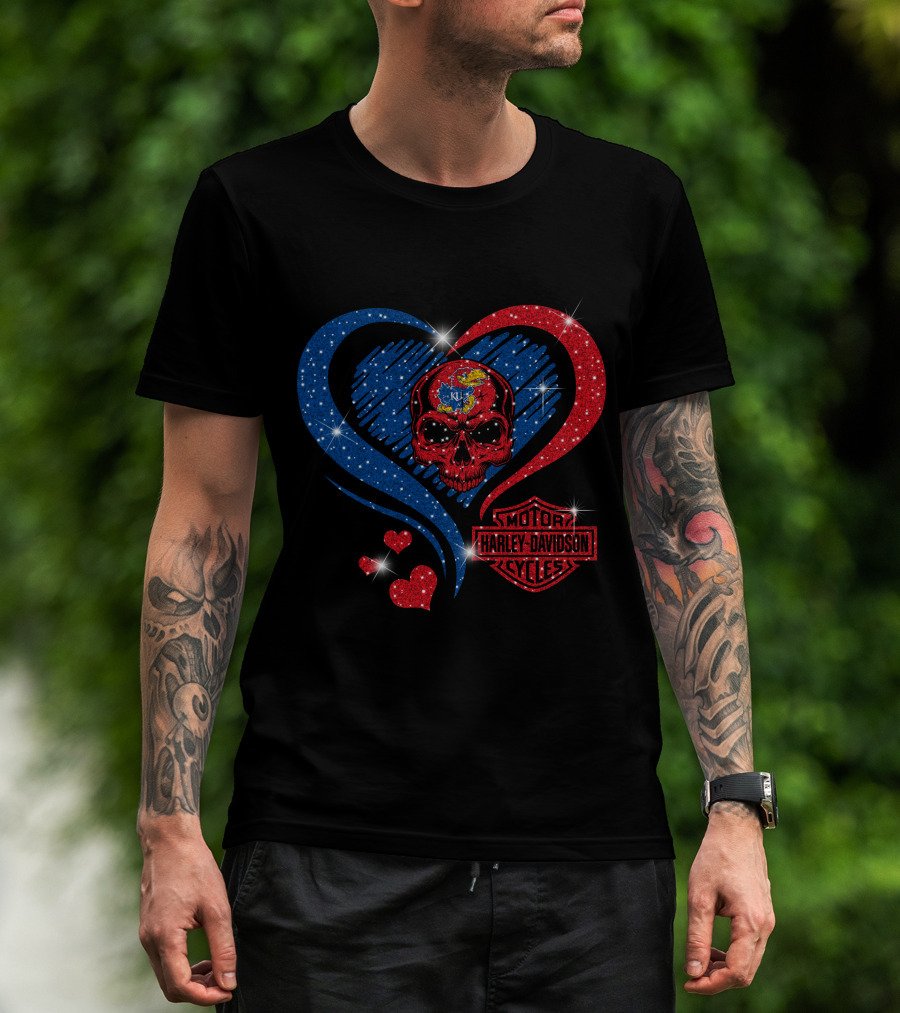 Kansas Jayhawks Harley Davidson Heart Skull T-Shirt
