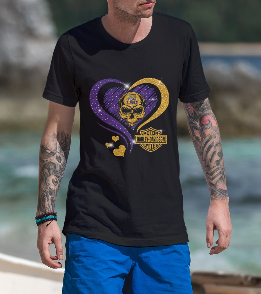Ncaa Lsu Tigers Skull Heart Harley Davidson Motor Cycles T-Shirt