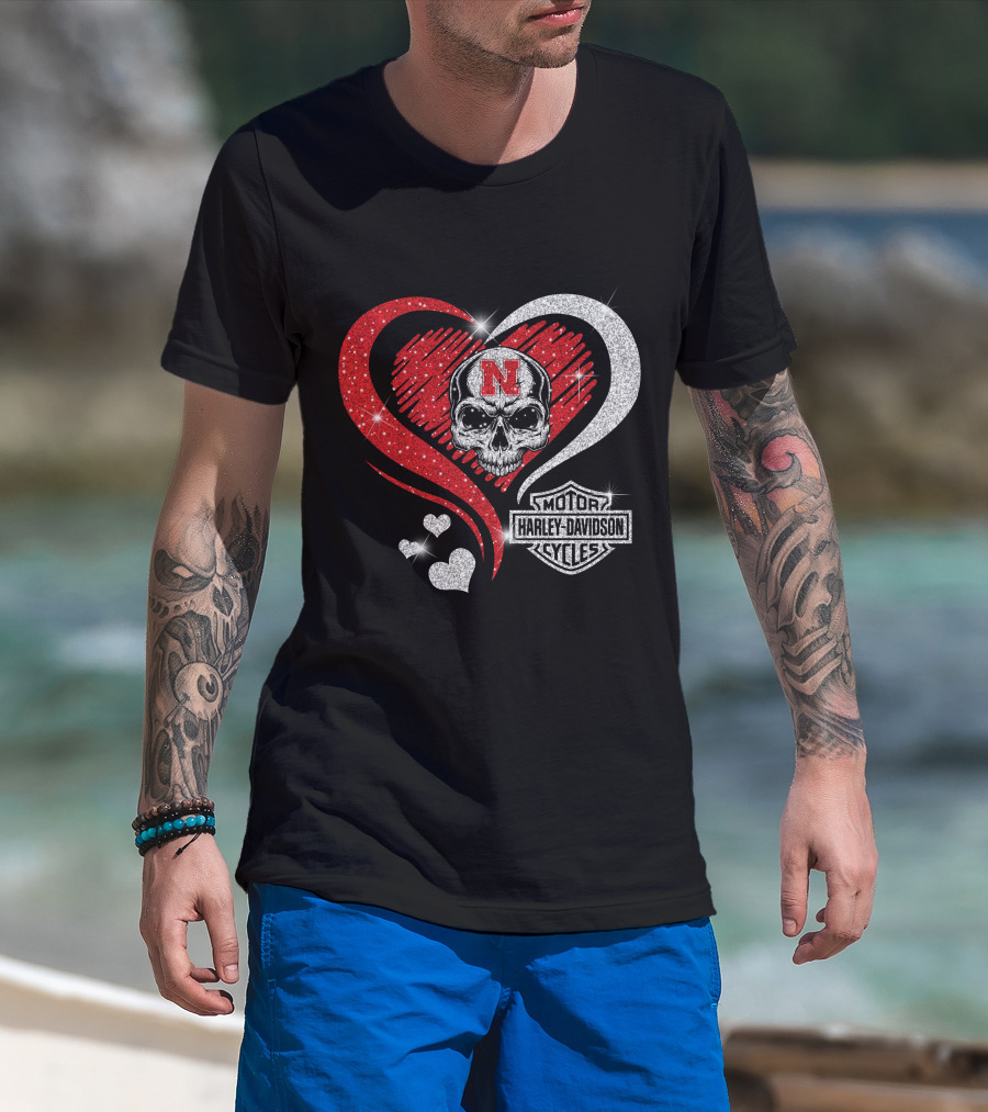 Nebraska Cornhuskers Harley Davidson Skull Heart T-Shirt
