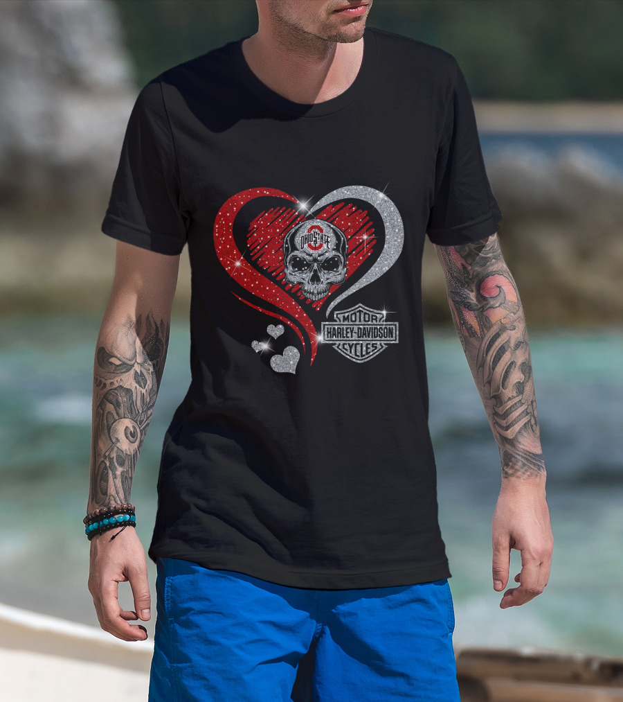 Ohio State Buckeyes Harley Davidson Skull Heart T-Shirt