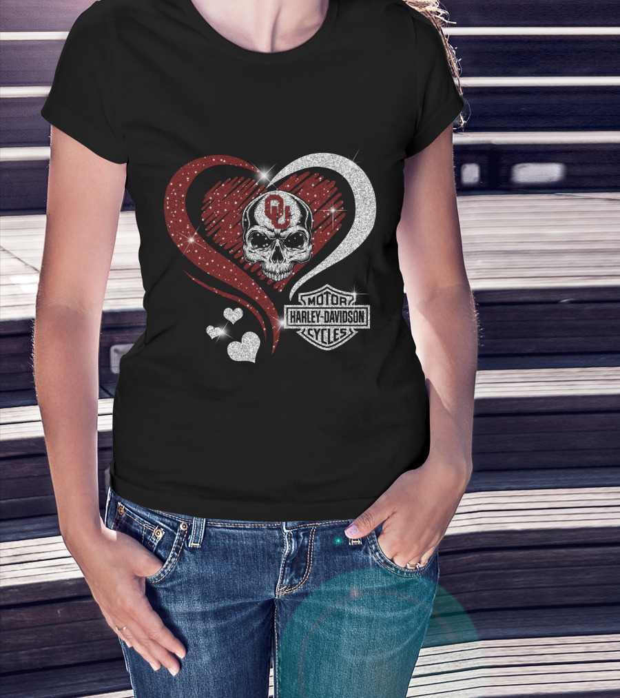 Skull Heart Oklahoma Sooners Harley Davidson Motorcycles T-Shirt