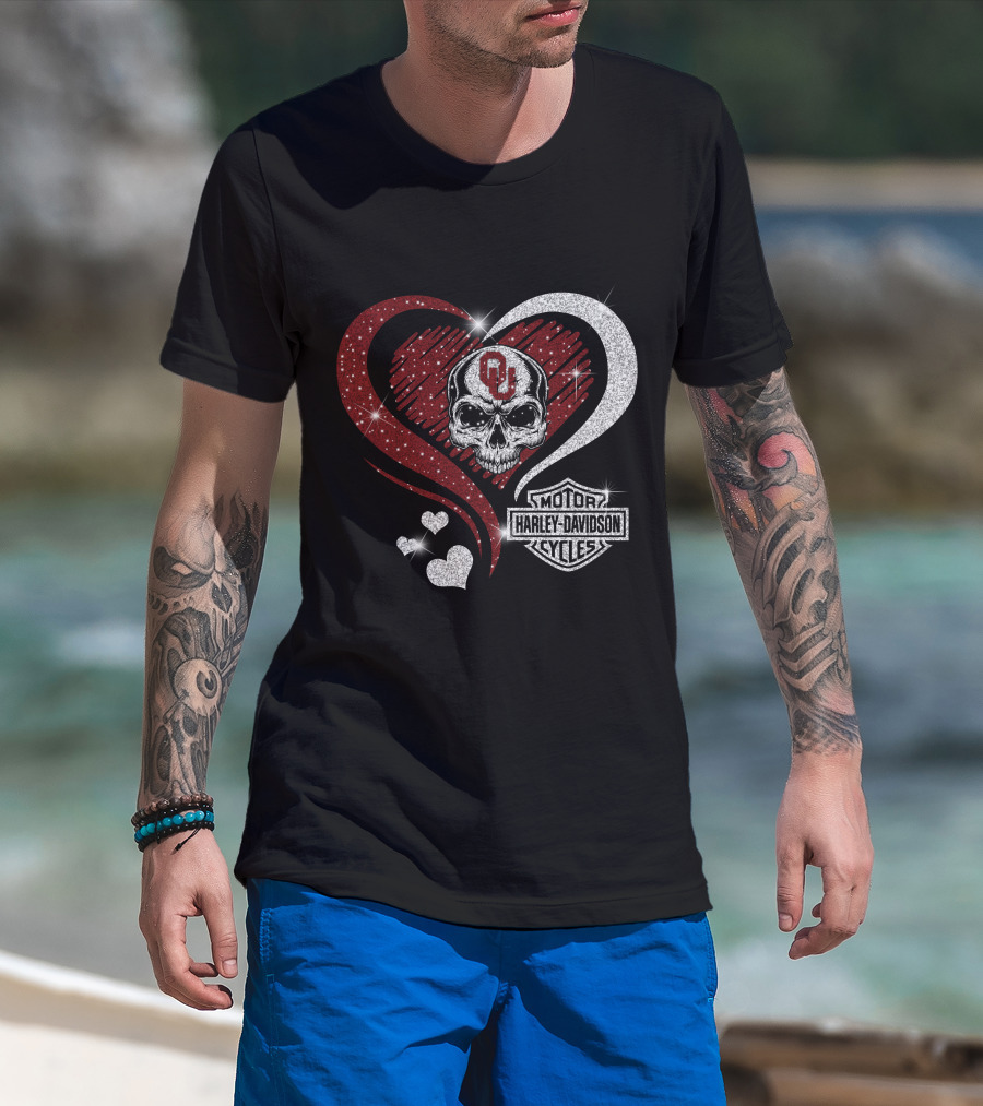 Skull Heart Oklahoma Sooners Harley Davidson Motorcycles T-Shirt