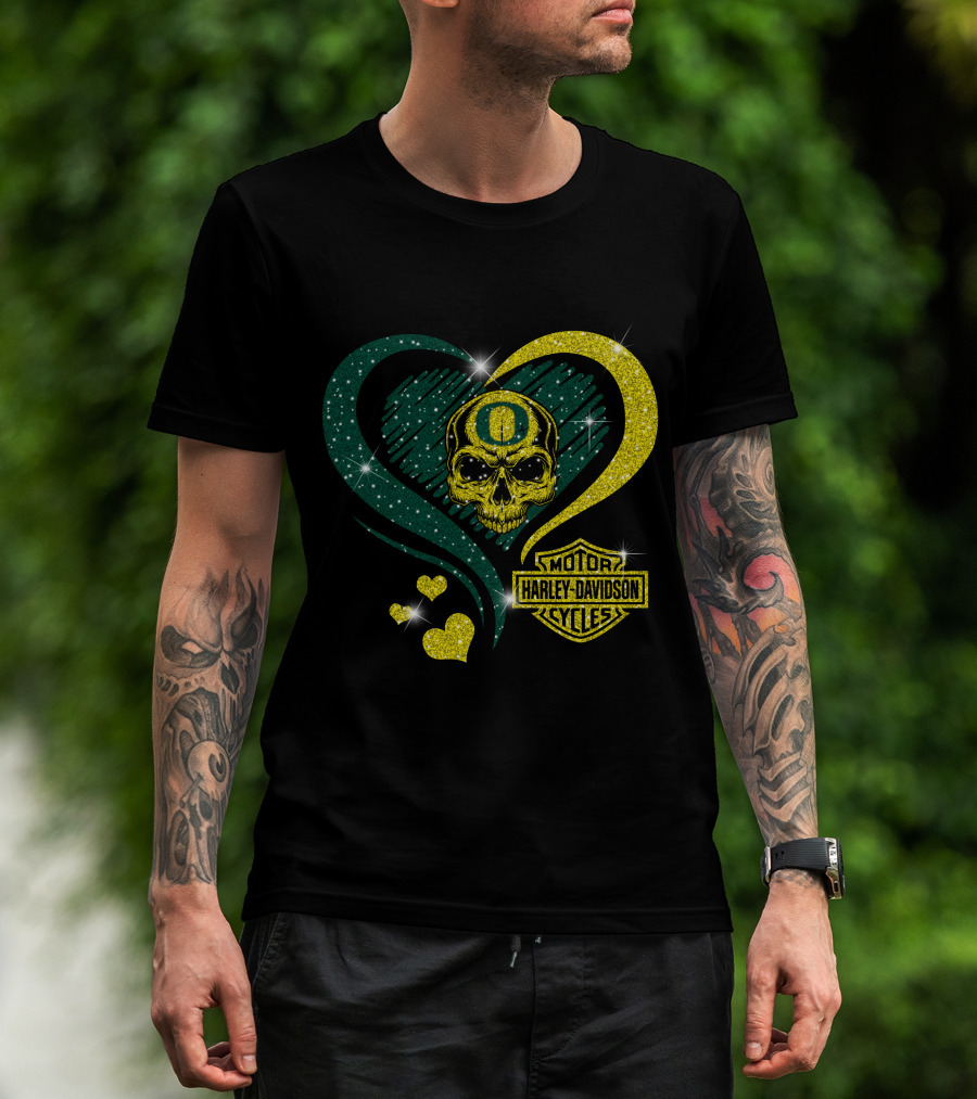 Ncaa Oregon Ducks Skull Harley Davidson Motor Cycles Heart T-Shirt