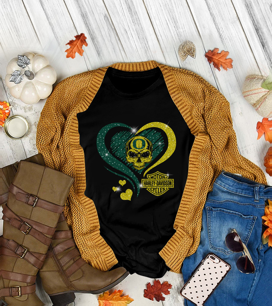 Ncaa Oregon Ducks Skull Harley Davidson Motor Cycles Heart T-Shirt
