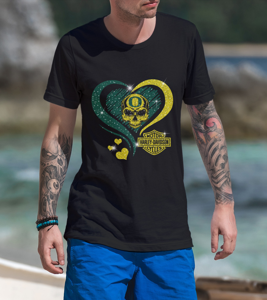 Ncaa Oregon Ducks Skull Harley Davidson Motor Cycles Heart T-Shirt