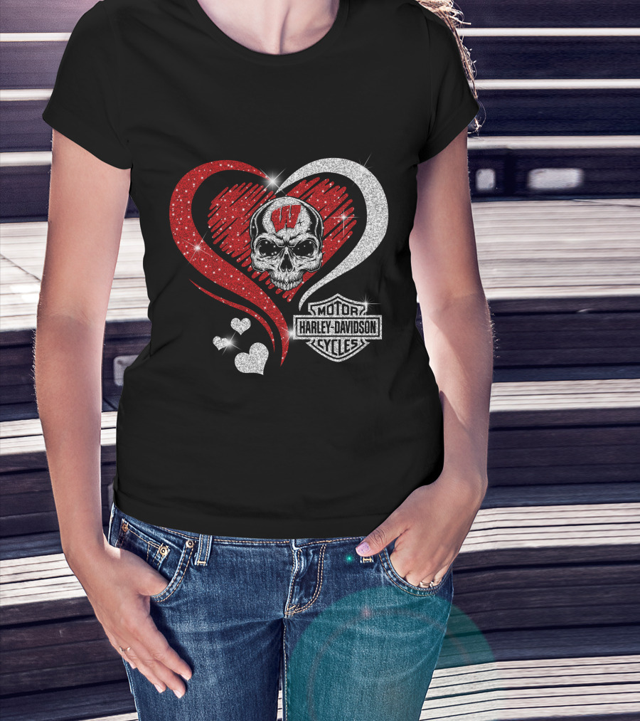 Ncaa Wisconsin Badgers Harley Davidson Skull Heart T-Shirt