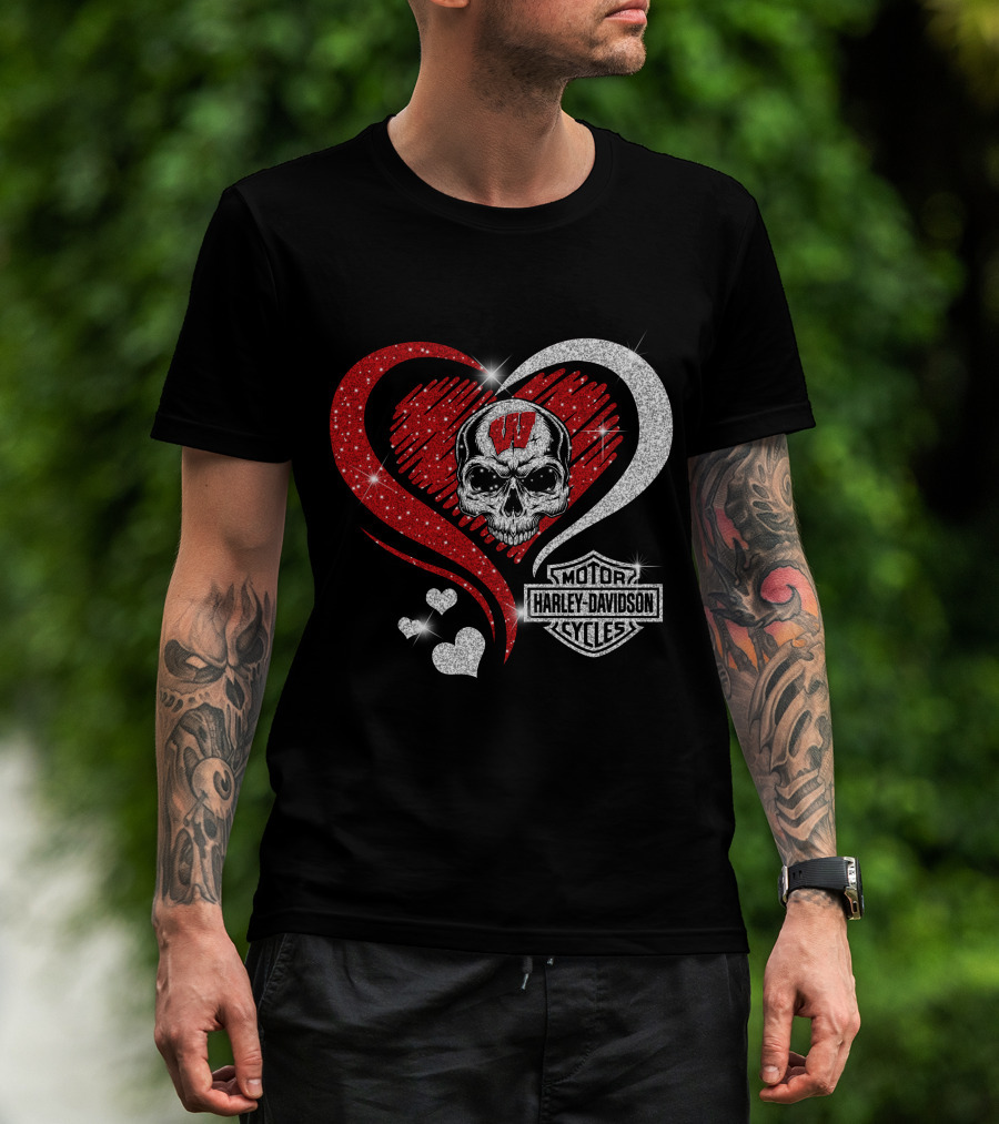 Ncaa Wisconsin Badgers Harley Davidson Skull Heart T-Shirt