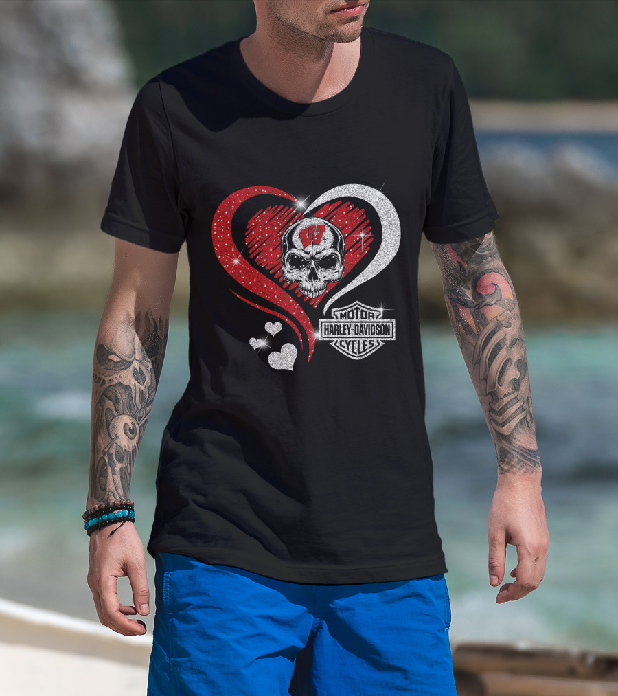 Ncaa Wisconsin Badgers Harley Davidson Skull Heart T-Shirt