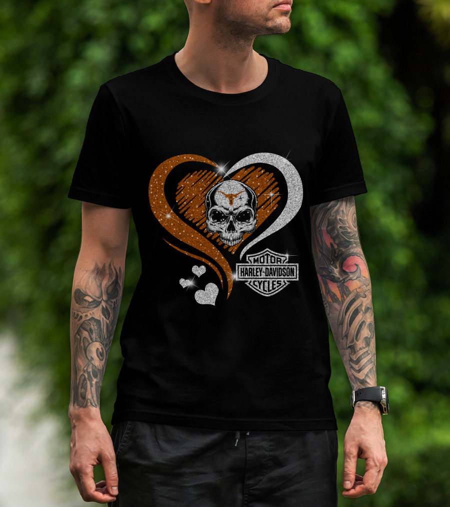 Ncaa Texas Longhorns Harley Davidson Skull Heart T-Shirt