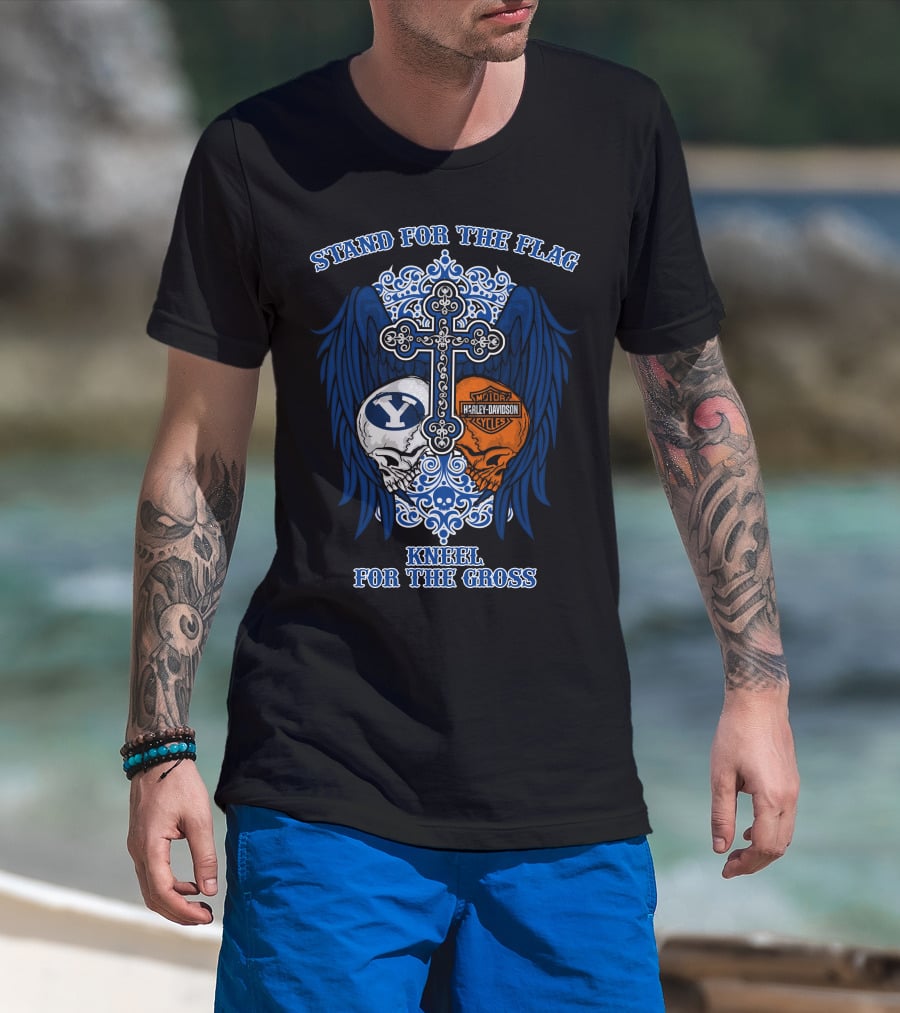 Stand For The Flag Kneel For The Cross Byu Cougars Harley Davidson Skulls T-Shirt