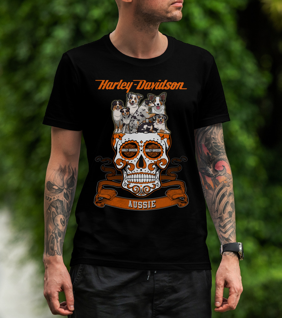Harley Davidson Aussie Dogs Sugar Skull Art T-Shirt