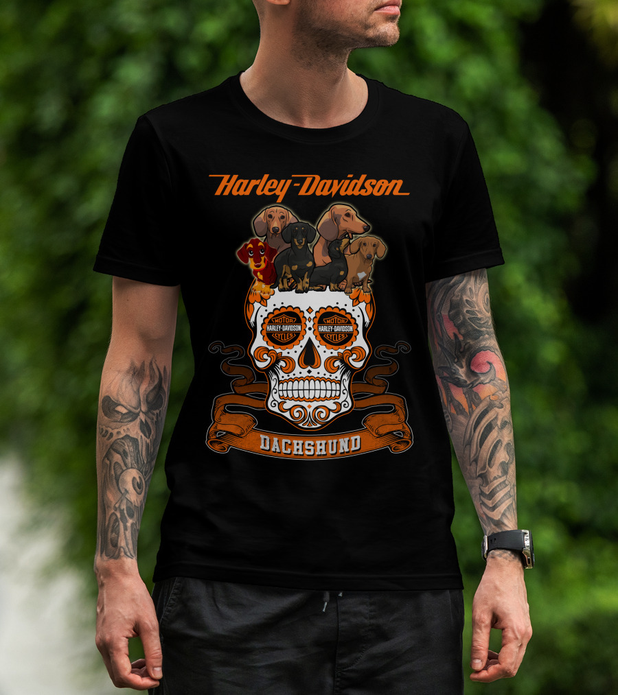 Harley Davidson Dachshund Skull With Motorcycles And Dachshunds T-Shirt