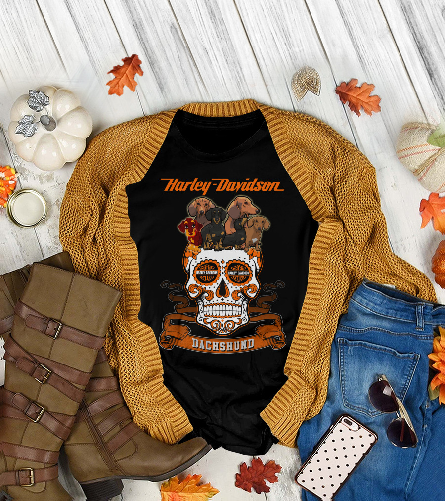 Harley Davidson Dachshund Skull With Motorcycles And Dachshunds T-Shirt