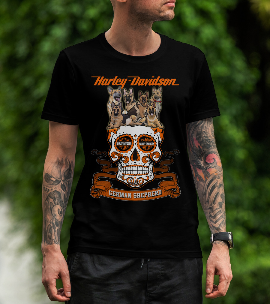 Harley Davidson German Shepherd Skull Motif T-Shirt