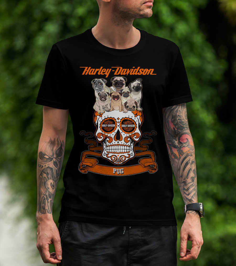 Harley Davidson Pug Skull Motif With Pugs T-Shirt