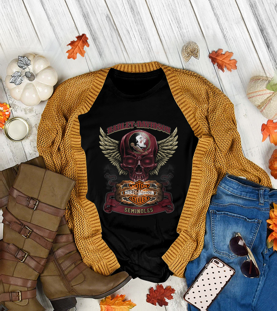 Harley Davidson Seminoles Skull With Florida State Motor Cycles Wings T-Shirt