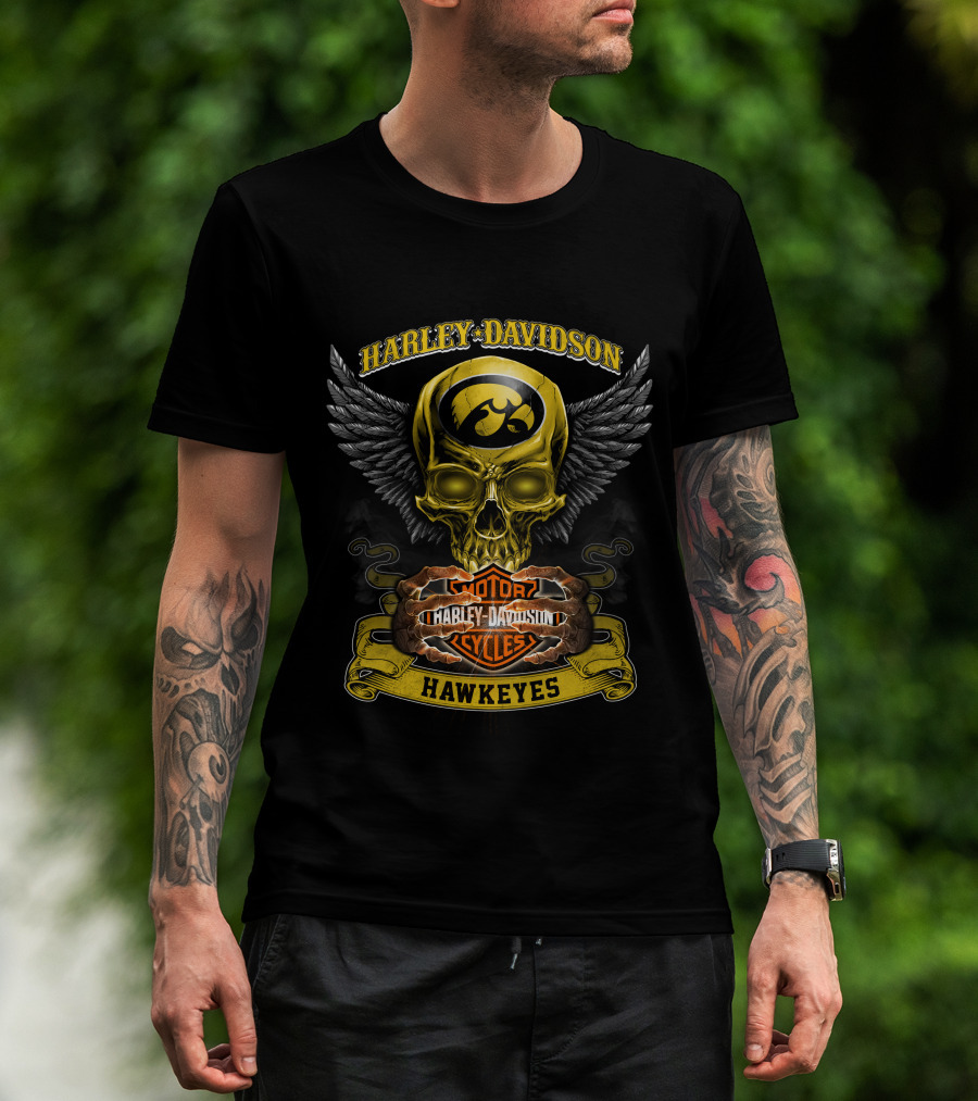 Harley Davidson Iowa Hawkeyes Skull Wings Motor Cycles T-Shirt