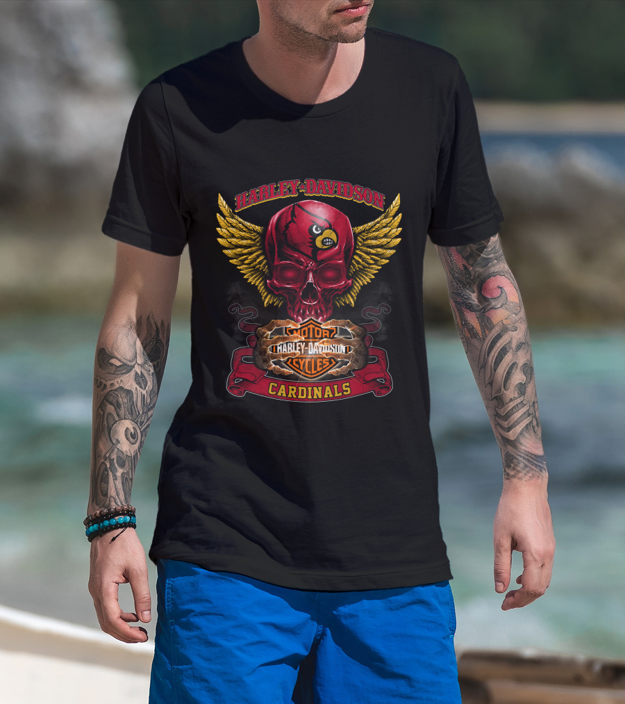 Harley Davidson Louisville Cardinals Skull With Wings T-Shirt