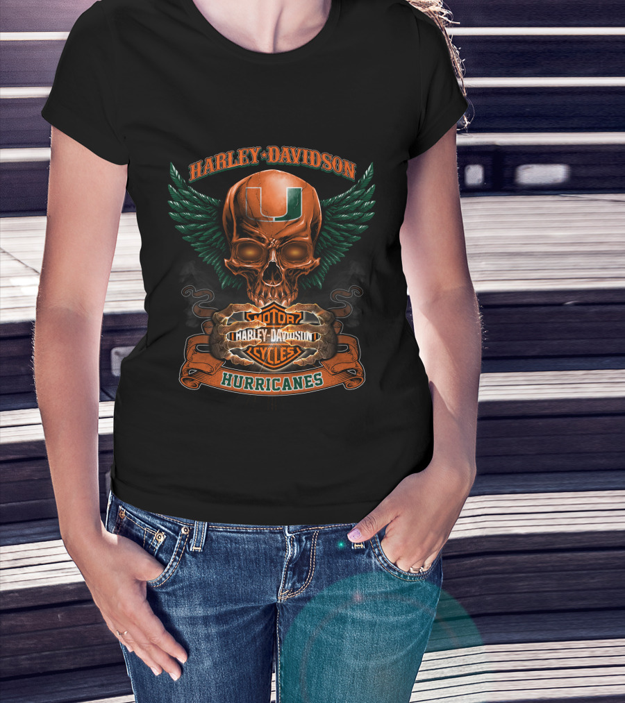 Harley Davidson Miami Hurricanes Skull With Wings Motorcycles T-Shirt